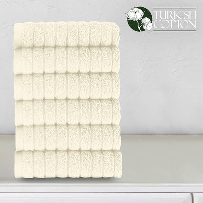 Elegant Comfort 100% Turkish Cotton Corduroy Ribbed Luxury Washcloths 6 Pack Soft 13 x 13 Inch - Higly Absorbent, Durable, Quick Dry, Spa Premium Hotel Quality for Bathroom or Travel, Ivory