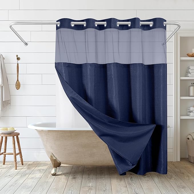 Americanflat 72x75 Hookless Waffle Pattern Shower Curtain - Water-Resistant Long Shower Curtain with Sheer Panel, Snap-in Liner, and Durable Grommets - 100% Polyester - Blue