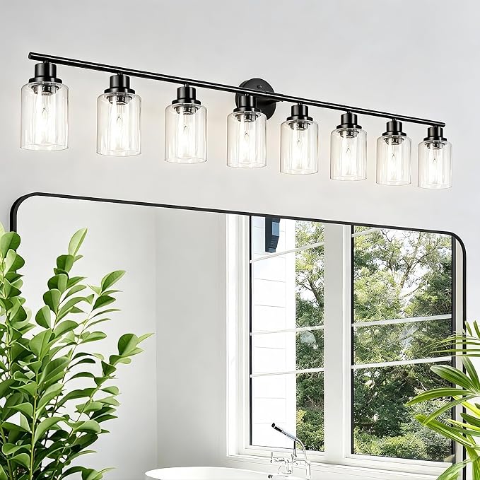 8-Light Black Vanity Lights, Modern Bathroom Light Fixtures with Clear Glass Shade, Wall Lamps for Mirror Kitchen Hallway Cabinet Living Room Sconces Lights - E26