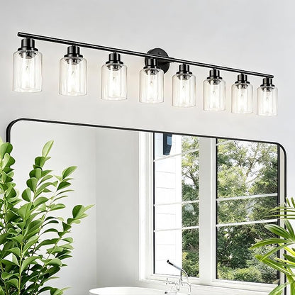 8-Light Black Vanity Lights, Modern Bathroom Light Fixtures with Clear Glass Shade, Wall Lamps for Mirror Kitchen Hallway Cabinet Living Room Sconces Lights - E26