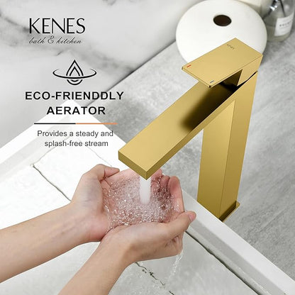 KENES Brushed Gold Tall Bathroom Faucet, Single Handle Vessel Sink Faucet Gold Vanity Bathroom Faucet with Supply Lines and Pop Up Sink Drain, LJ-9031A-4