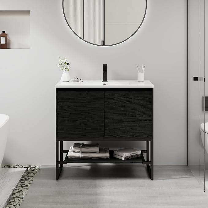 LUCKWIND 36" Modern Bathroom Vanity with Single White Sink Combo, Freestanding Storage Cabinet with Metal Frame, Matte Black Faucet and Open Shelf and 2 Soft-Closing Door, Black