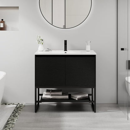LUCKWIND 36" Modern Bathroom Vanity with Single White Sink Combo, Freestanding Storage Cabinet with Metal Frame, Matte Black Faucet and Open Shelf and 2 Soft-Closing Door, Black