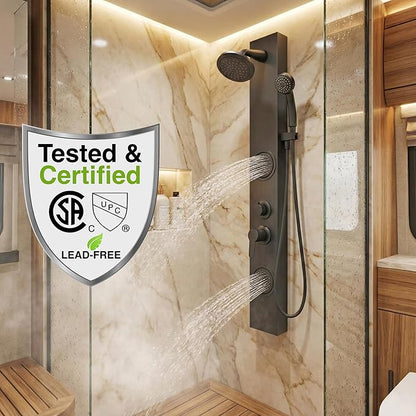 Dura Faucet (DF-SA914-MB) Premium RV Shower Panel Column – Matte Black, 4 Spray Options with Adjustable Body Sprayers, Overhead Shower & Handheld Wand – Water-Saving, Easy Install RV Shower System