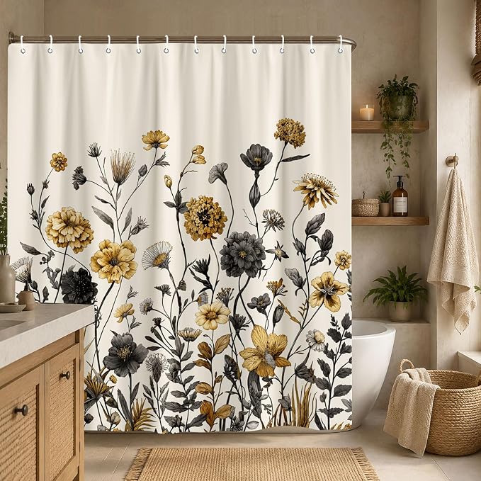 Vintage Boho Beige Floral Shower Curtain, Black Gold Rustic Farmhouse Flower Shower Curtain Set, Cute Botanical Wlidflowers Fabric Shower Curtains Decoration, 72X72 Aesthetic Bathroom Accessories