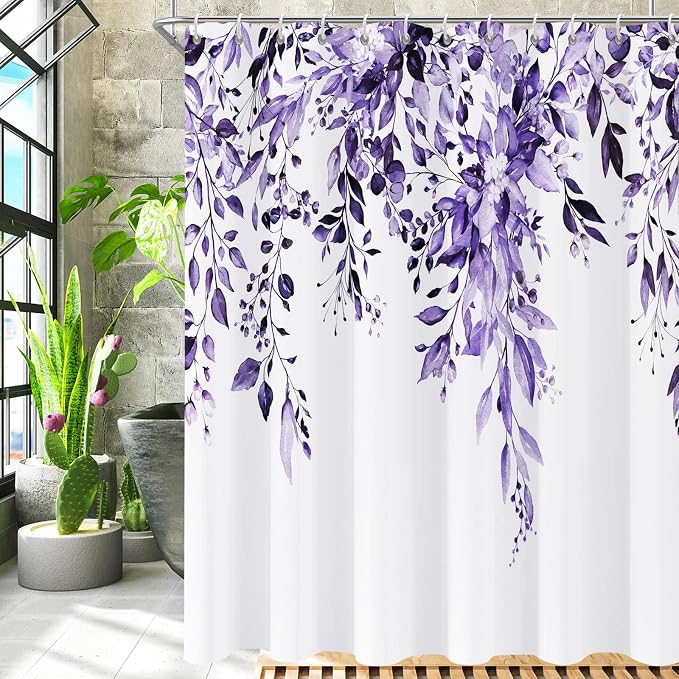 Shower Curtain,Purple Eucalyptus Shower Curtains for Bathroom,Watercolor Leaves Bathroom Curtains Washable Waterproof Leaf Shower Curtain Sets Botanical Shower Curtain Plants 72x72 with Hooks