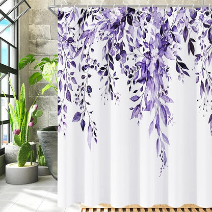 Shower Curtain,Purple Eucalyptus Shower Curtains for Bathroom,Watercolor Leaves Bathroom Curtains Washable Waterproof Leaf Shower Curtain Sets Botanical Shower Curtain Plants 72x72 with Hooks