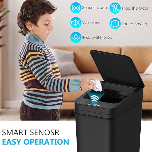 Bathroom Small Trash Can with Lid, Automatic Garbage Can, 2.6 Gallon | 3 Pack Touchless Slim Waterproof Motion Sensor Smart Trash Bin for Bedroom, Office, Living Room-Black