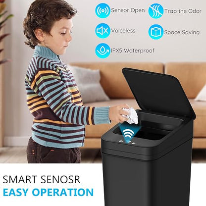 Bathroom Small Trash Can with Lid, Automatic Garbage Can, 2.6 Gallon | 3 Pack Touchless Slim Waterproof Motion Sensor Smart Trash Bin for Bedroom, Office, Living Room-Black