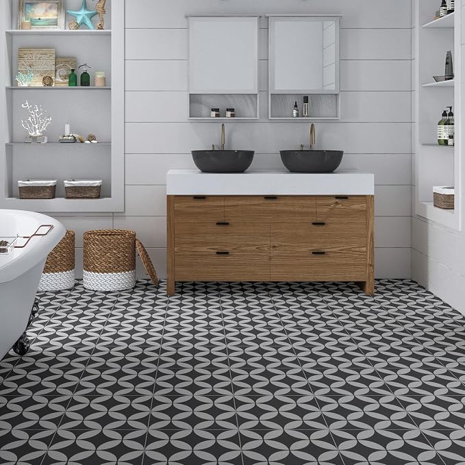 16-Sheet Peel and Stick Floor and Wall Tile for Bathroom Kitchen Shower, 9" x 9" Gray Coin SPC Self-Adhesive Vinyl Flooring, Patterned Groutable Backsplash Tile, Cover 9.12 Sq Ft.