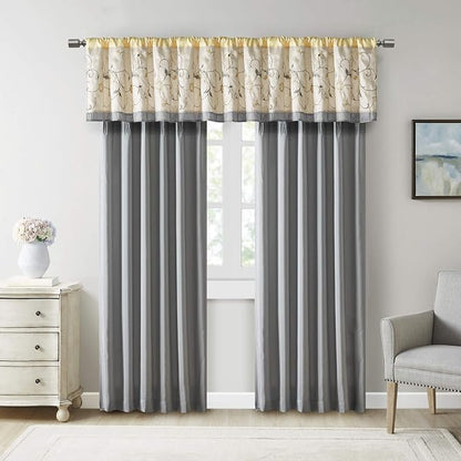 Madison Park Embroidered Window Valance, 50"x18", Yellow | Light Filtering Rod Pocket Window Treatment Curtain, Window Panel Drape for Bedroom Living Room and Dorm