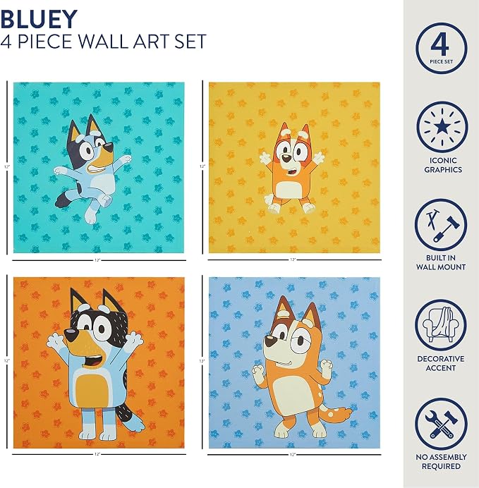 Bluey Canvas Wall Art – 4-Piece Set for Kids’ Room Décor, Each Print 12"x12", Colorful and Fun Artwork for Bedroom, Nursery, or Playroom