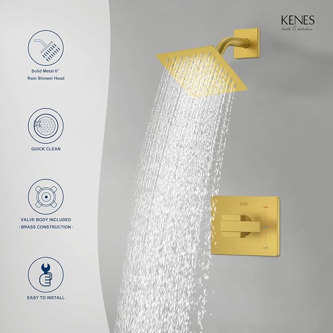 KENES Brushed Gold Shower Faucet, Modern Square 6-Inch Shower Head and Handle Set, Bathroom Rainfall Shower System Wall Mount, KE-6025B-4 (Including Shower Valve)
