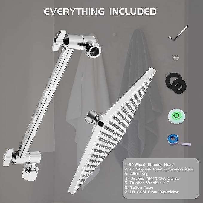 Rain Shower Head, 8'' High Pressure Rainfall Square ABS Showerhead with 11'' Shower Head Extension Arm, Stainless Steel Adjustable Shower Arm Extender, Rainfall Waterfall Fixed Showerheads, Chrome