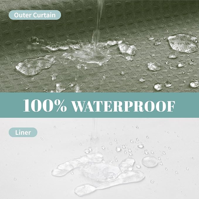 No Hook Waffle Shower Curtain with Snap-in Liner, 71x74 Inch, Sage Green | 230 GSM waffle weave fabric, waterproof liner set with 2 bottom magnets, mesh top window, washable, for bathroom or hotel use