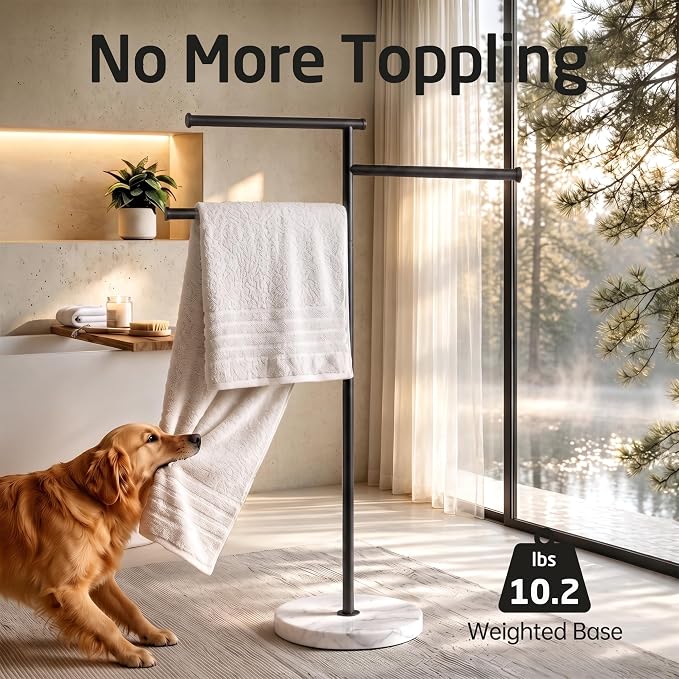 KES 40" Black Standing Towel Rack for Bathroom with Weighted Marble Base | Free Standing Pool Towel Rack Outdoor, 3 Swivel Bars, Premium 18/8 Stainless Steel, BTH219-BK