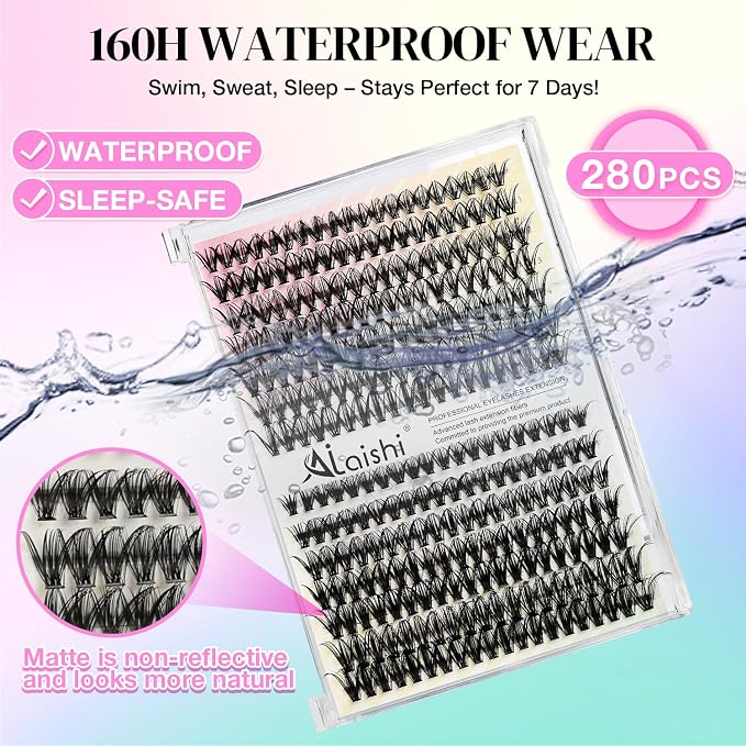 Lash Clusters Kit, DIY Cluster Eyelash Extensions 9‑16mm, 30D+40D, 280pcs, D Curl Natural Volume Lashes with Lash Bond and Seal, Tweezers–Waterproof Fake Cat Eye Wispy Individual Clusters(16MIX1-1-S)