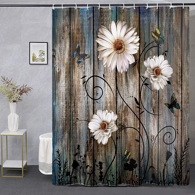 Rustic Shower Curtain Set Grey Daisy Floral Butterfly Shower Curtain for Bathroom Farmhouse Bath Curtain with 12 Hooks American Country Farm Style 72×72 Inches