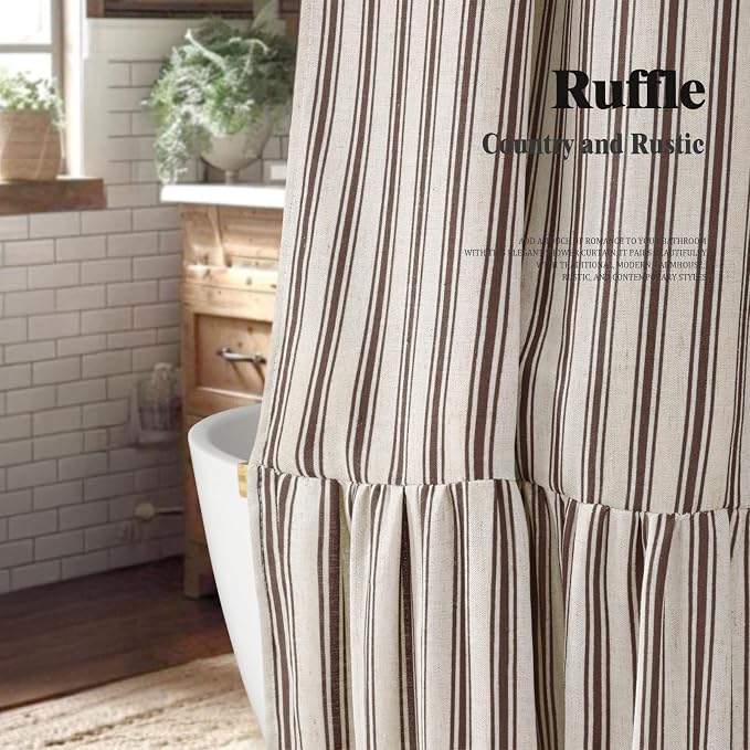 Farmhouse Shower Curtain Ruffle Linen Cream-Brown Stripe 72"W x 78"L | Farmhouse Boho, Striped, Bottom Ruffle, Linen Fabric, Rustic, Country, Natural Look, Washable, for Bathroom Bathtub