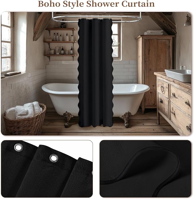 BTTN Stall Boho Scalloped Linen Textured Cloth Shower Curtain, 36x72, Black | Half Size, 230GSM Waterproof Polyester, Heavy Duty Fabric, 6 Plastic Hooks, Elegant Modern Farmhouse Style, Machine Washable