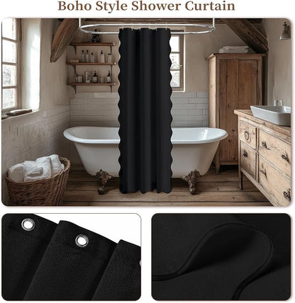 BTTN Stall Boho Scalloped Linen Textured Cloth Shower Curtain, 36x72, Black | Half Size, 230GSM Waterproof Polyester, Heavy Duty Fabric, 6 Plastic Hooks, Elegant Modern Farmhouse Style, Machine Washable