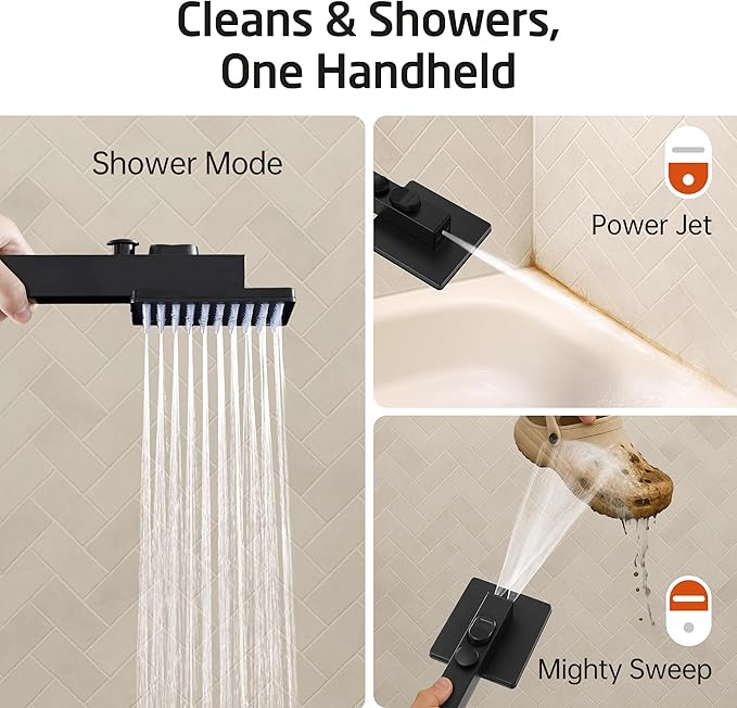 KES Black Bathtub Shower Faucet Set with 12" Rectangle Rain Shower Head, Shower System with 3-Modes Handheld Spray and Waterfall Tub Spout, cUPC Anti-Scald Valve included, XB6336S12-BK