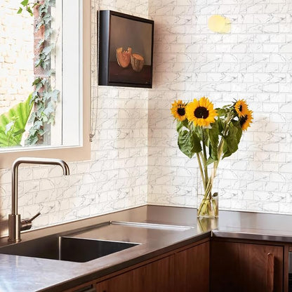 10 Sheets Thicker Design Peel and Stick Backsplash, 12"x12" Peel and Stick Wall Tiles, Subway Look Marble Tiles Backsplash for Kitchen and Bathroom, Calacatta White