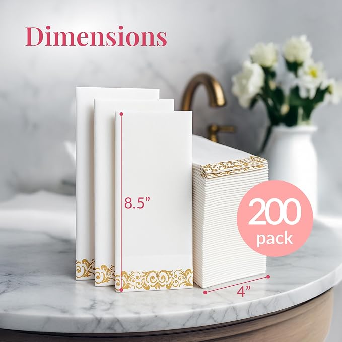 Prestee 200 Pack Disposable Paper Guest Towels for Bathroom, 2-Ply - Elegant Linen Feel Paper Napkins - Absorbent Decorative Guest Towels for Bathroom, Wedding, and Party Use - (White and Gold)