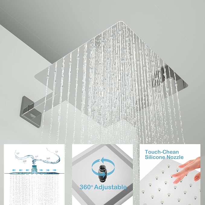 Rain Shower Faucet Set 12 Inch Shower Head High Pressure Shower System with Handheld Spray Rough-in Valve and Trim Kit for Bathroom,Chrome Polished | Air Injection High Pressure Bathroom Shower System, Solid Metal Wall Mount Anti-Scald Water Saving Rai...