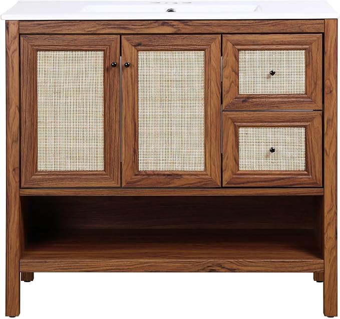 JONATHAN Y Jasper 36" Rattan Freestanding Vanity Cabinet Only, Walnut | 18" Depth 33" Height, 2-Shelf Storage, Soft-Close Door, Matte Black Hardware, Modern Minimalist Bathroom, MDF Wood Grain