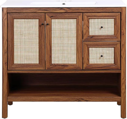 JONATHAN Y Jasper 36" Rattan Freestanding Vanity Cabinet Only, Walnut | 18" Depth 33" Height, 2-Shelf Storage, Soft-Close Door, Matte Black Hardware, Modern Minimalist Bathroom, MDF Wood Grain