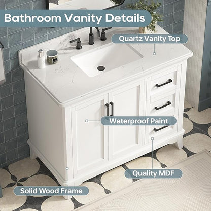 42 Inch Bathroom Vanity with Sink, Farmhouse Bathroom Vanity Set with Quartz Countertop, Painted Bathroom Storage Cabinet with Soft Closing Doors & Dovetail Pine Drawers, White
