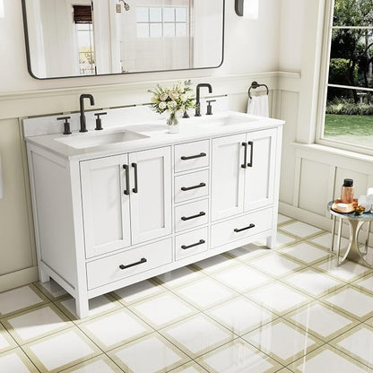 60-Inch Bathroom Vanity with Sink, 4 Soft-Close Doors and 6 Soft-Close Drawers, Bathroom Freestanding Vanity with Cultured Marble Countertop, White Vanity with Matte Black Handles