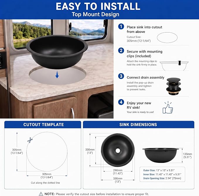 LQS 13 x 13 Inch Round RV Sink, Black Bar Sink, Stainless Steel Drop-In | Small RV Sink For Camper Kitchens Or Bathrooms; Compact RV Bathroom Sink With 5.31-Inch Bowl And Drain Assembly Included