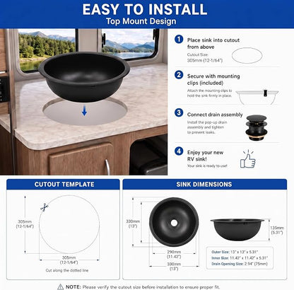 LQS 13 x 13 Inch Round RV Sink, Black Bar Sink, Stainless Steel Drop-In | Small RV Sink For Camper Kitchens Or Bathrooms; Compact RV Bathroom Sink With 5.31-Inch Bowl And Drain Assembly Included