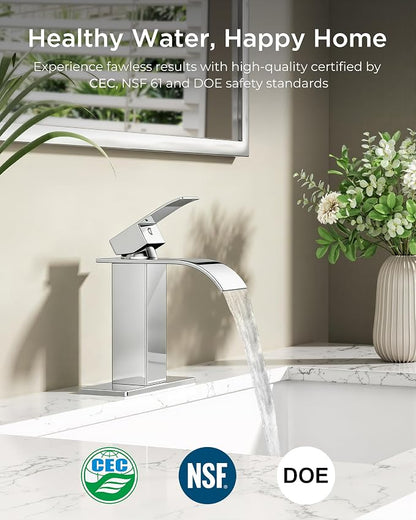 FORIOUS Bathroom Faucet 1 Hole, Waterfall Vanity Sink Faucet Chrome | Bathroom Sink Faucet 1 or 3 Hole, Square Single Handle with 24" cUPC Supply Line and Pop-up Drain, Fits RV Restroom Basin