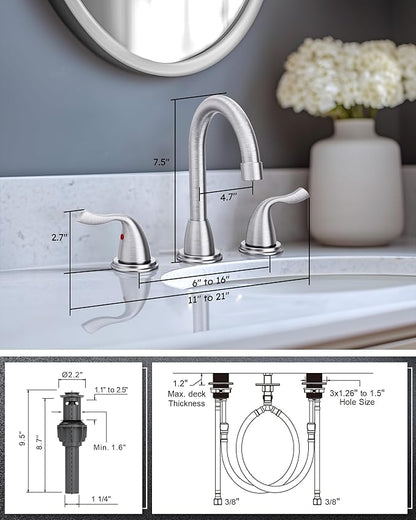 Bathroom Sink Faucet 3 Hole Brushed Nickel, ARCORA 8 Inch Widespread Bathroom Faucet, 2 Handles Bathroom Faucet with Pop Up Drain and cUPC Supply Lines