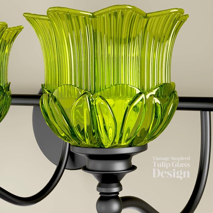 3-Light Vanity Light Over Mirror with Green Crystal Glass Shade | Valley-Lily Shaped Bathroom Light Fixture Black Antique Finish Wall Sconces Mirror Front Lighting for Hallway Living Room