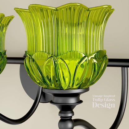 3-Light Vanity Light Over Mirror with Green Crystal Glass Shade | Valley-Lily Shaped Bathroom Light Fixture Black Antique Finish Wall Sconces Mirror Front Lighting for Hallway Living Room