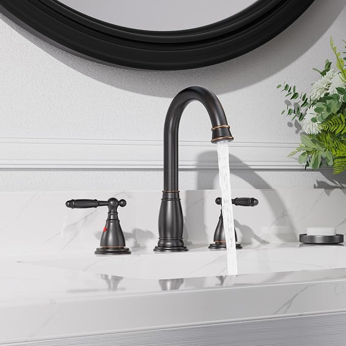 2-Handle 8 Inch 3 Hole Oil Rubbed Bronze Widespread Bathroom Faucets, with Valve and Metal Pop-Up Drain, WF017-4-ORB