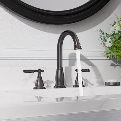 2-Handle 8 Inch 3 Hole Oil Rubbed Bronze Widespread Bathroom Faucets, with Valve and Metal Pop-Up Drain, WF017-4-ORB