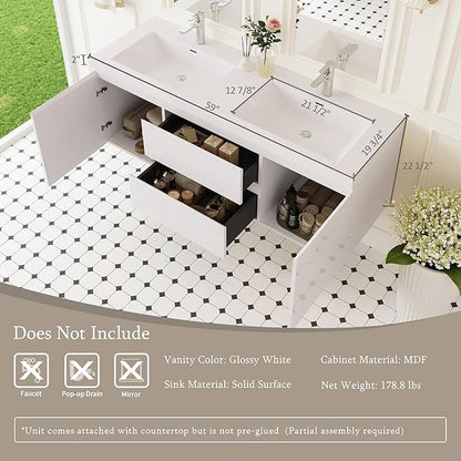 Floating Bathroom Vanity with Double Sinks, 60" Wall-Mounted Bathroom Storage Vanity Cabinet with Resin Top Basin and Soft Close Drawers, No Assembly Required, Glossy White