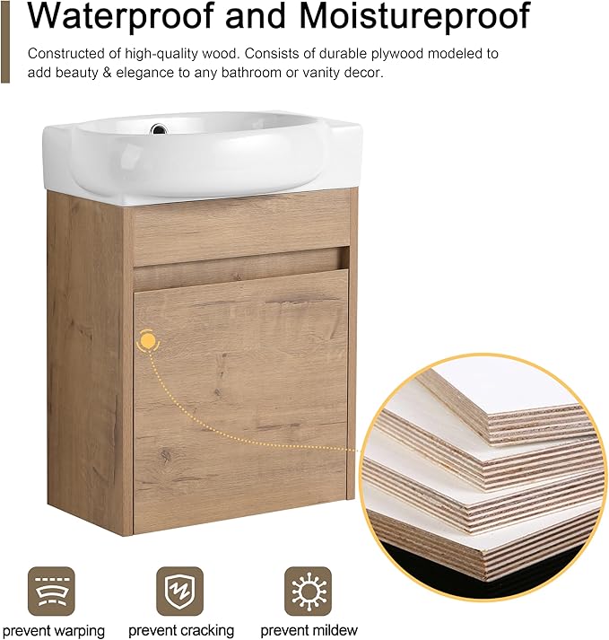 Malwee 16" Floating Bathroom Vanity with Sink, 16 Inch Single Sink Wall Mounted Bathroom Vanity, with 1 Door and White Ceramic Basin Top for Small Space, Modern Wall Hung Cabinet Storage (029-16IMOX)