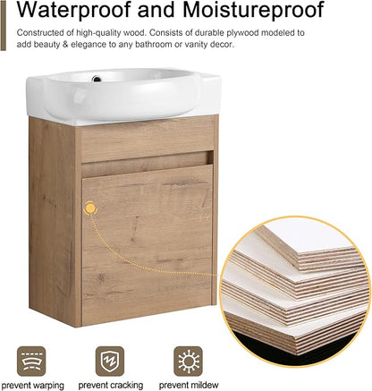 Malwee 16" Floating Bathroom Vanity with Sink, 16 Inch Single Sink Wall Mounted Bathroom Vanity, with 1 Door and White Ceramic Basin Top for Small Space, Modern Wall Hung Cabinet Storage (029-16IMOX)