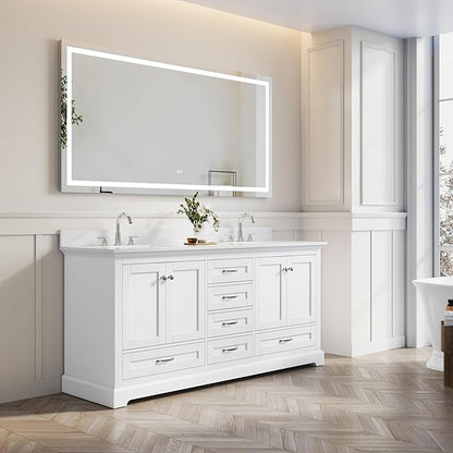 WELLFOR 72 Inch Bathroom Vanity with Double Sinks, Solid Wood Bathroom Vanity W/4 Soft-Close Doors and 6 Drawers, Cultured Marble Countertop Bathroom Vanities W/Two Sinks (White)