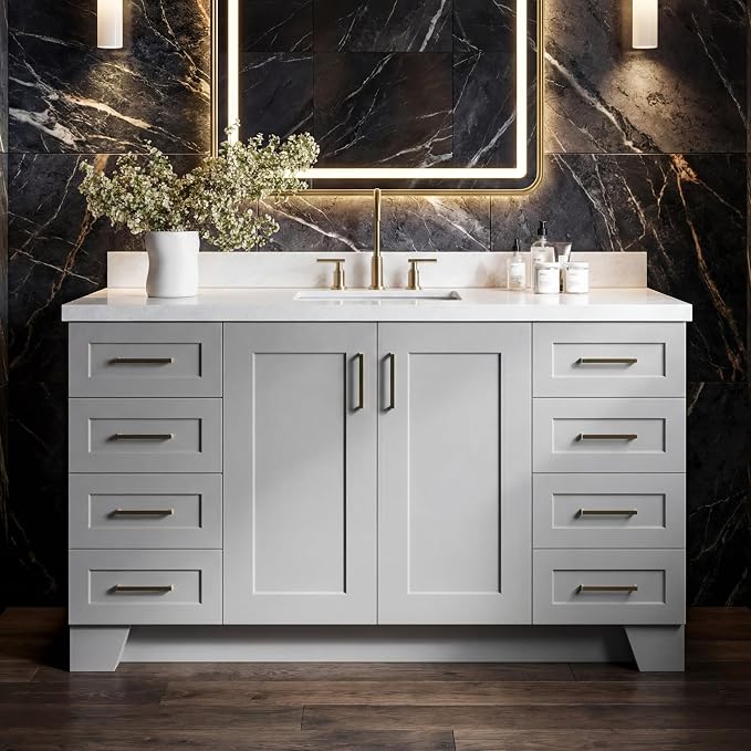 Emilia 60 Inch Bathroom Vanity Single Sink — Grey Bathroom Vanity with Sink, 1.5" Edge Italian Carrara Marble Countertop, Solid Wood, 2 Soft-Close Doors, 9 Dovetail Drawers