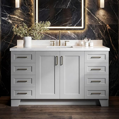 Emilia 60 Inch Bathroom Vanity Single Sink — Grey Bathroom Vanity with Sink, 1.5" Edge Italian Carrara Marble Countertop, Solid Wood, 2 Soft-Close Doors, 9 Dovetail Drawers