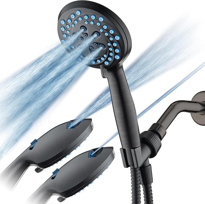 AquaCare New 8-mode High Pressure Handheld Shower Head w/ 2-way Power Wash | Stay Clean Nozzles, Dual Power Wash for Tub, Tile & Pets, Long 6 ft. Stainless Steel Hose, Wall & Overhead Brackets / Bronze