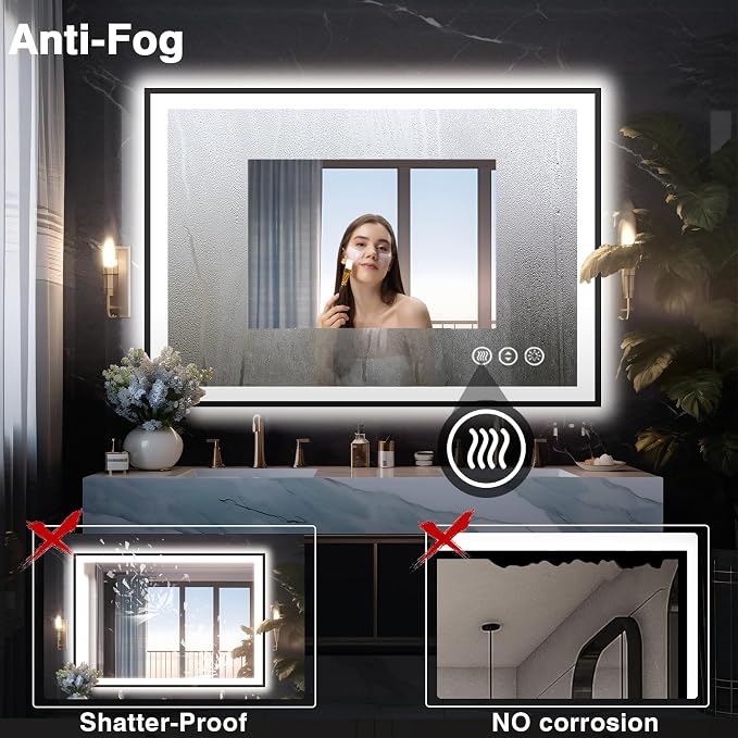 EchosLife 40x30 LED Lights Bathroom Mirror - Black Aluminum Rimmed | Black Frame, Front and Backlit, Anti-Fog, Stepless Dimmable, 3 Colors, Memory, Tempered Glass, UL Listed, Horizontal/Vertical