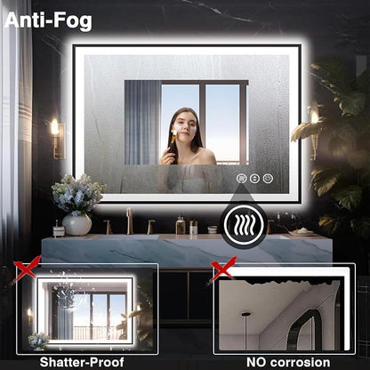 EchosLife 40x30 LED Lights Bathroom Mirror - Black Aluminum Rimmed | Black Frame, Front and Backlit, Anti-Fog, Stepless Dimmable, 3 Colors, Memory, Tempered Glass, UL Listed, Horizontal/Vertical